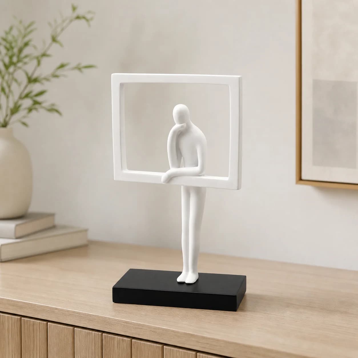 Modern Abstract Nordic Thinker Resin Sculpture with Frame, Minimalist Human Figurine Ornament Statue for Office Desk Bookshelf L
