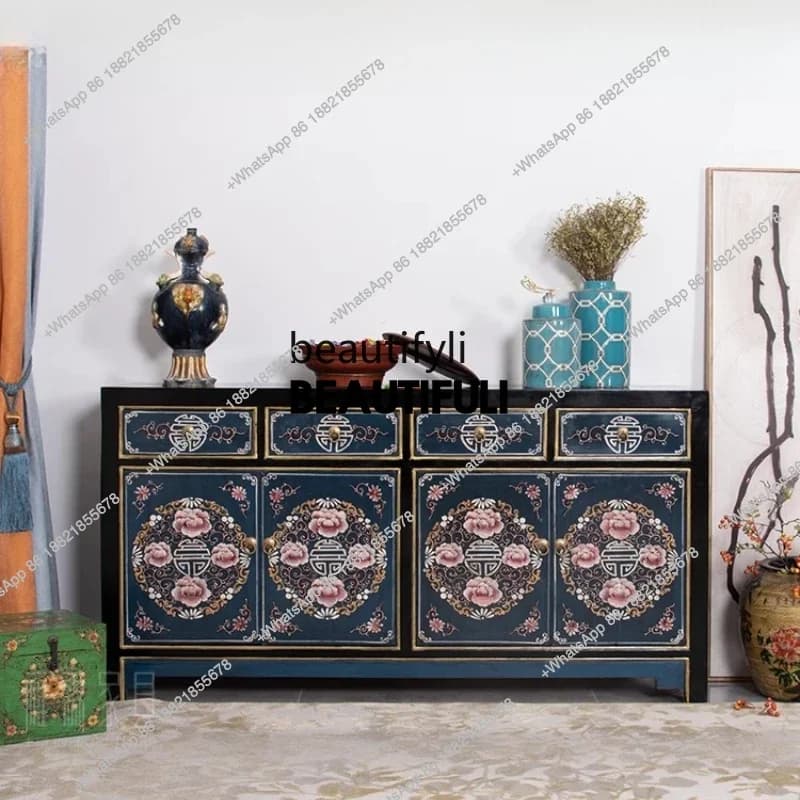 ss8350 antique furniture solid wood painted living room partition foyer entrance cabinet hand painted retro decorative shoe cabi