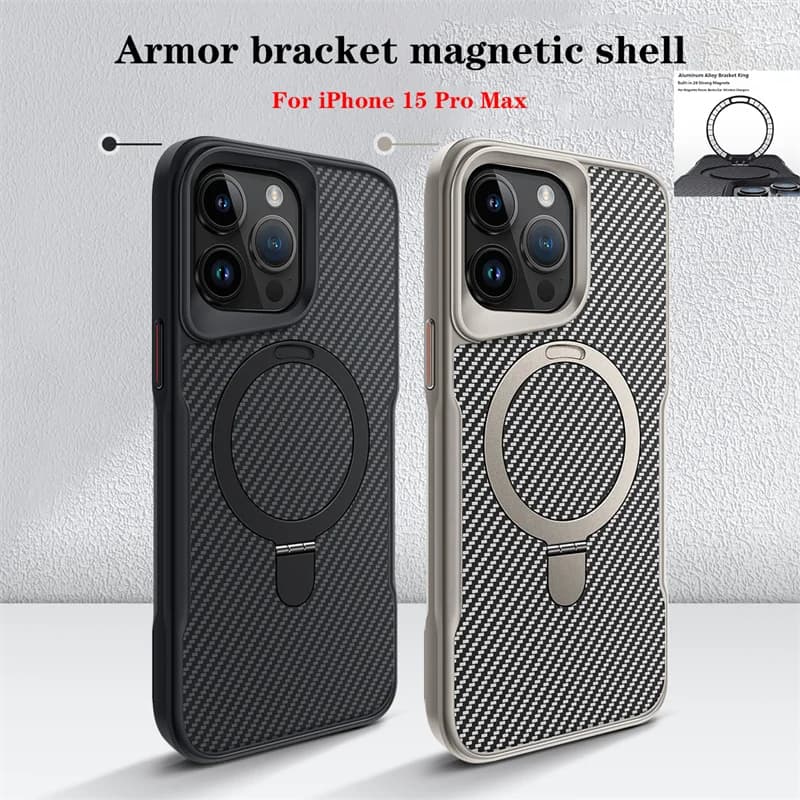 Luxury Carbon Fiber Magsafe Phone Case For iPhone 16 15 14 Plus 13 12 17 Pro Max Aluminum Alloy Bracket Magnetic Protective Case