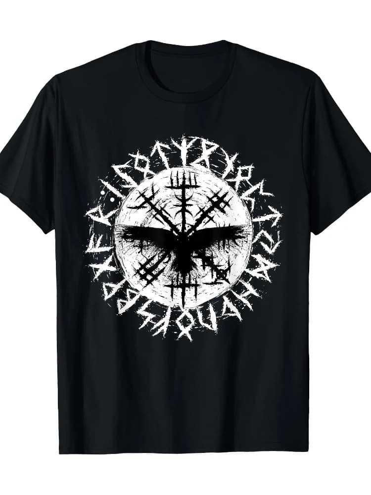 Nordic warrior crow retro rune summer 100% cotton short sleeve printed O-neck T-shirt.