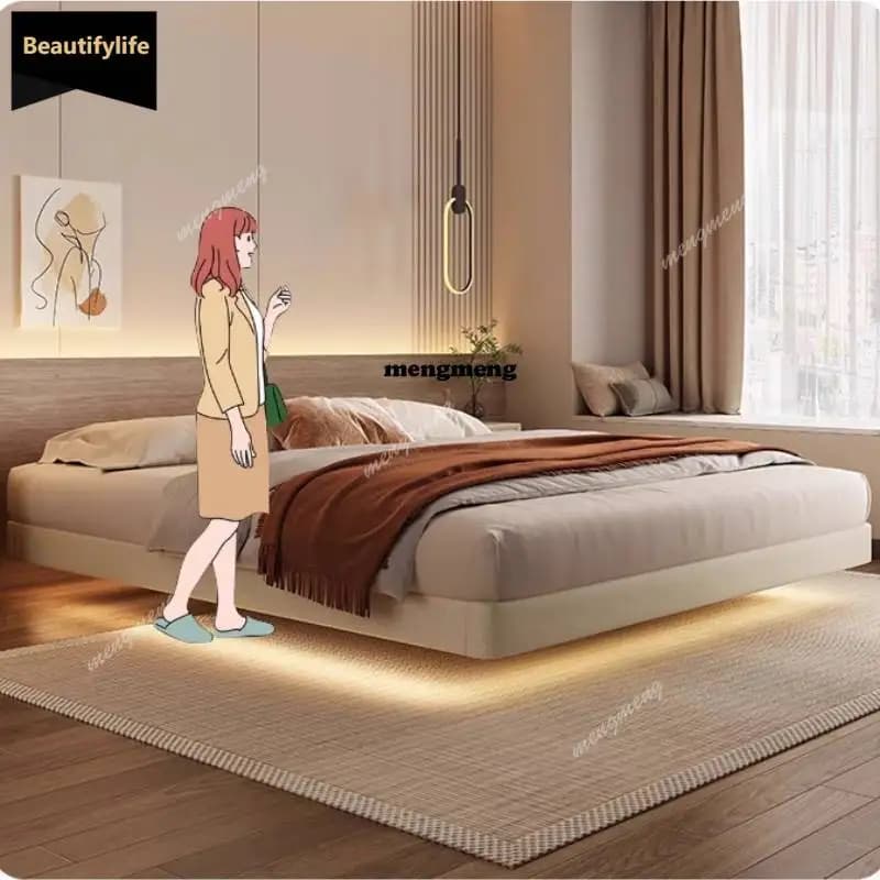 Unique Beige Design Double Bed Lights Minimalist Modern Storage Double Bed Frame King Size Wooden Cama Matrimonial Furniture D80