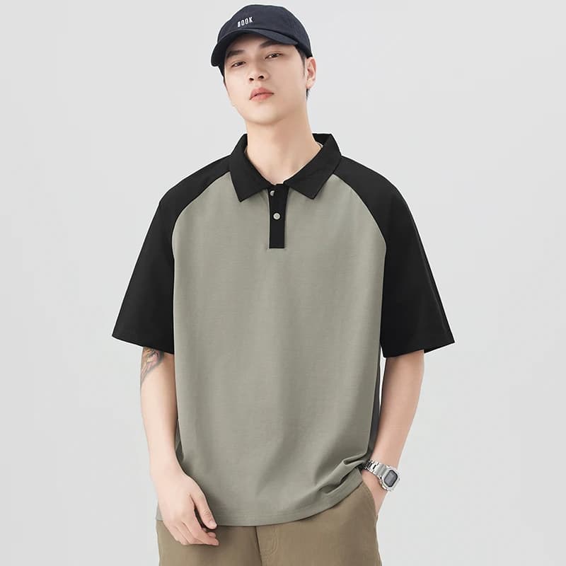 2026 Summer Men's Youth Plaid Sleeve Drop-Shoulder Style Short-Sleeved Shirt T-Shirt Polo Shirt
