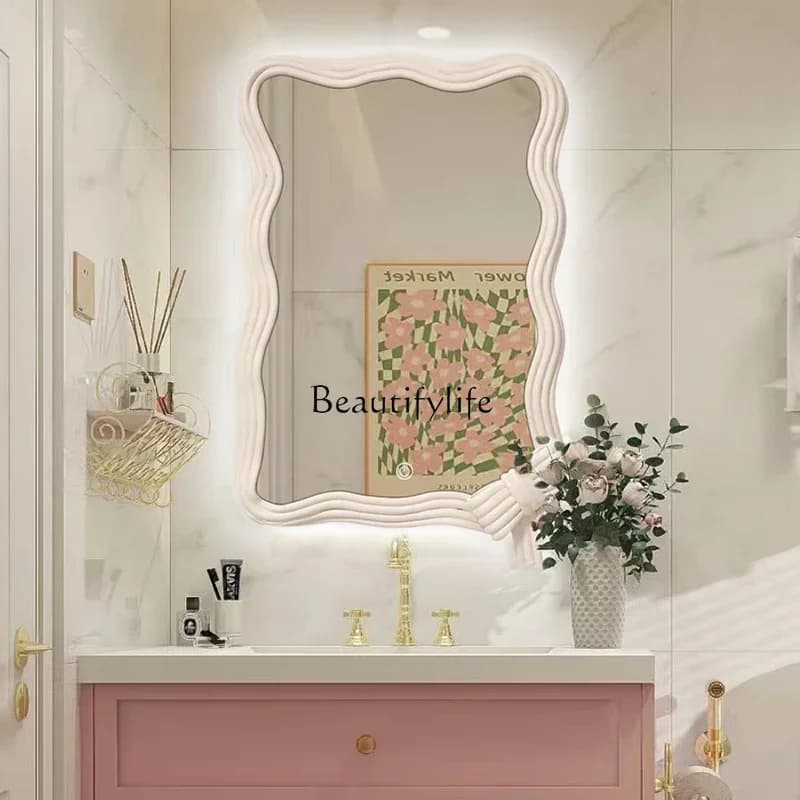 02  European bathroom mirror wall-mounted modern simple wave special-shaped makeup mirror girls bedroom dressing mirror