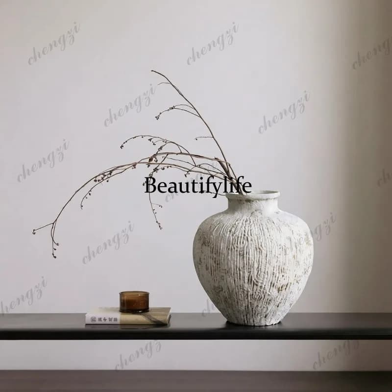 White pottery pot ceramic vase ornament, wabi sandy wind coarse pottery pot living room B & B creative water culture device