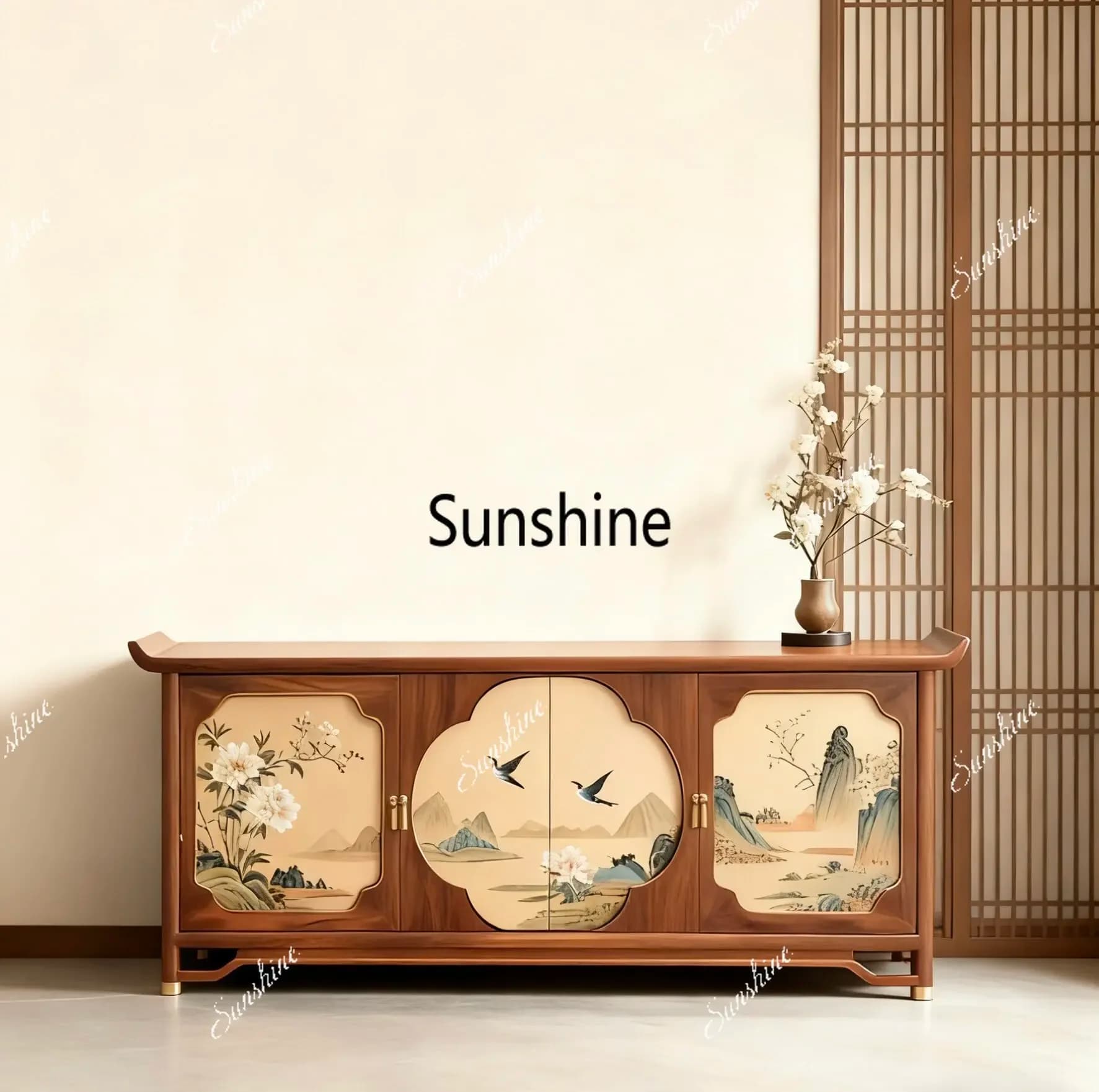 New Chinese-style flower and bird painted hotel B & B door restaurant solid wood storage decorative side cabinet