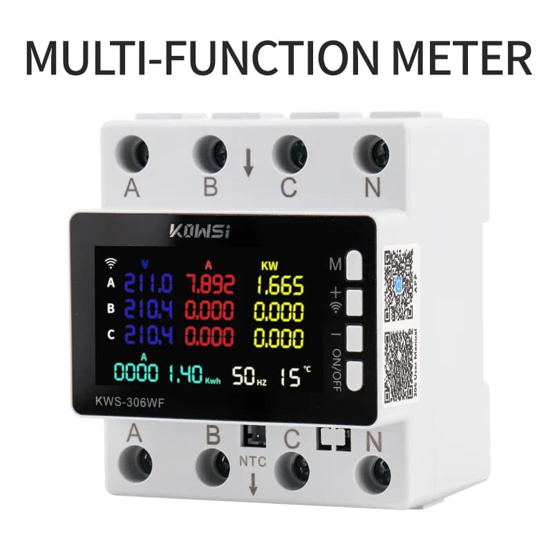 KWS-306WF 3-Phase WiFi Power Meter 85-290V, Color Screen Energy Monitor with Current Voltage Protection & Relay