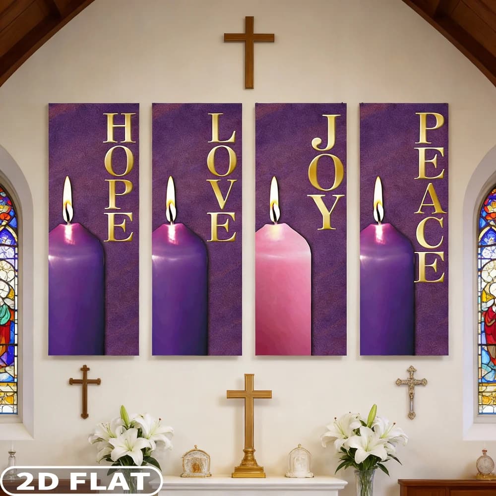 2D FLAT 4pcs HOPE LOVE JOY PEACE Banner Set Party Packs - 17.72x47.24inch/45x120cm Golden Lettering on Purple Candles, Polyester