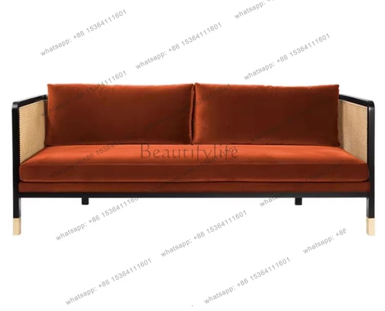 Nordic modern solid wood rattan double three-person sofa simple American fabric sofa chair