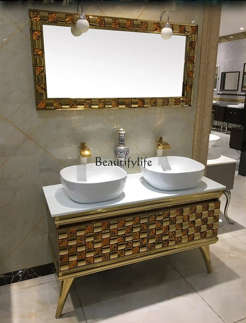 -*Customized luxury gold bathroom cabinet combination stainless steel European washbasin