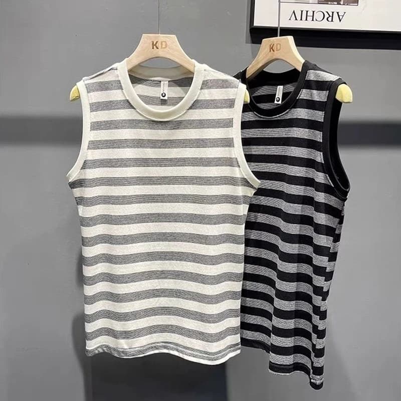 Summer Tank Tops Men Trend Fashion Classic Striped Print All-match Vest Breathable Sleeveless T Shirts Street Sports Gym Running