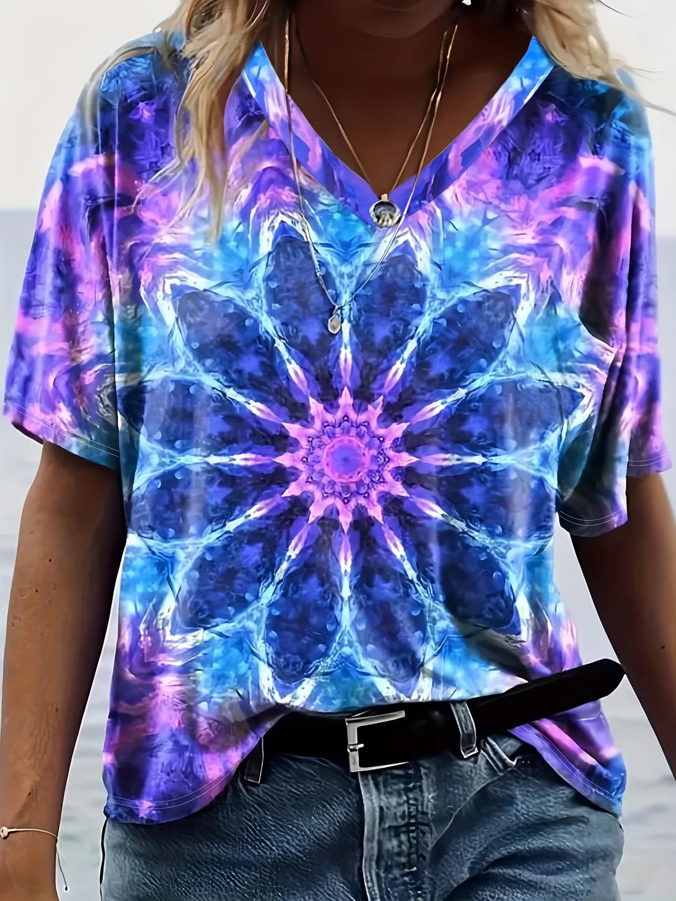 2026 Summer Fashion Rainbow Meteor T-shirt Shaped Adult 3D Retro T-shirt V-neck Children's Outdoor Vacation Beach T-shirt