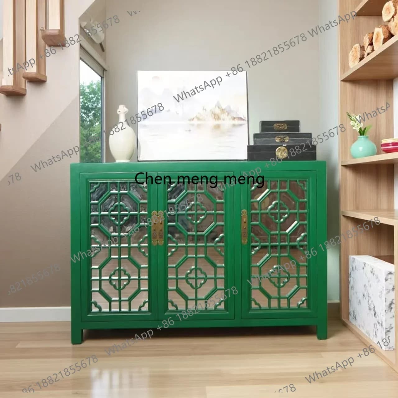 cc182Chinese retro green solid wood dining side cabinet hollow carved locker locker