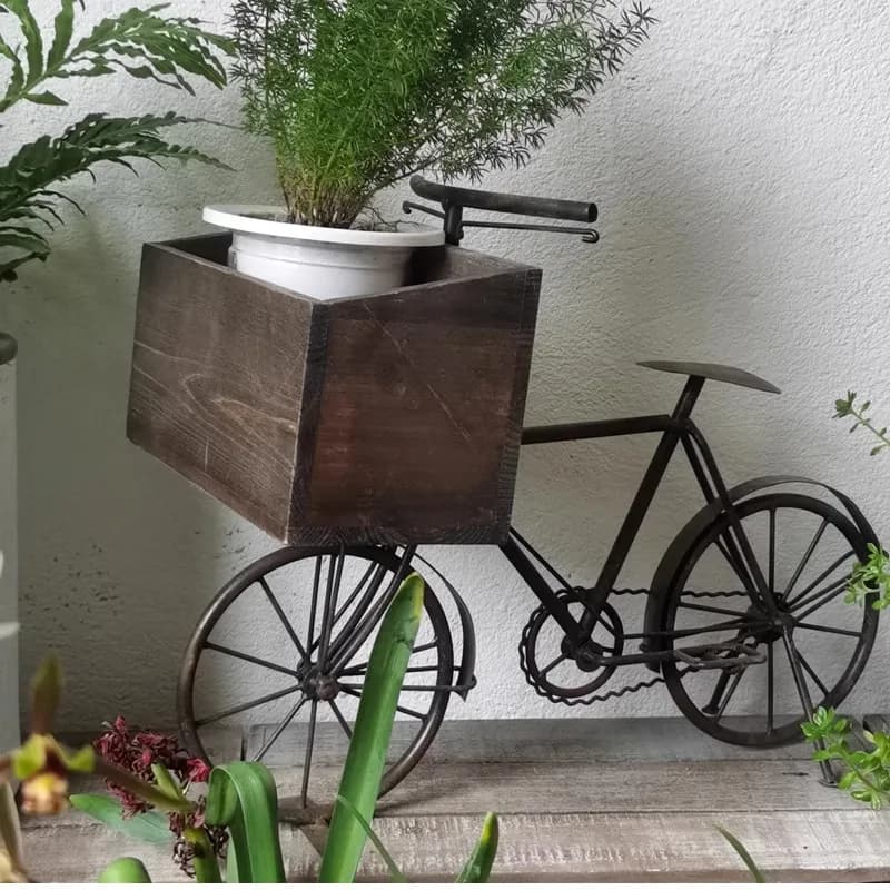 Vintage Industrial Bicycle Planter Shelf Distressed Iron & Wood Garden Decor Cycling-Themed Flower Stand for Indoor Wall Art