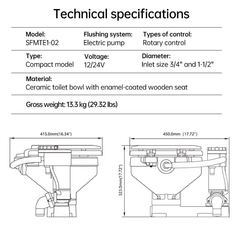 Standing Electric Marine RV Toilet Ceramic Flush for Boat Yacht Caravan Camper Low Water Consumption