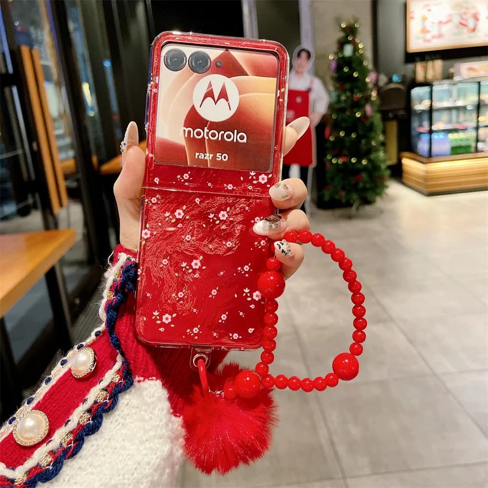 For Motorola Moto Razr 70 60 Pro 50 Ultra Red Flower Shockproof Phone Case Bracelet Hairball PC Hard Shell Protective Back Cover