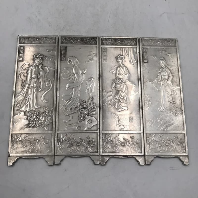 Copper Beauty Screen Ornament Exquisite Copper Silver-Plated Small Screen Set of Four Home Decoration Craft Gift