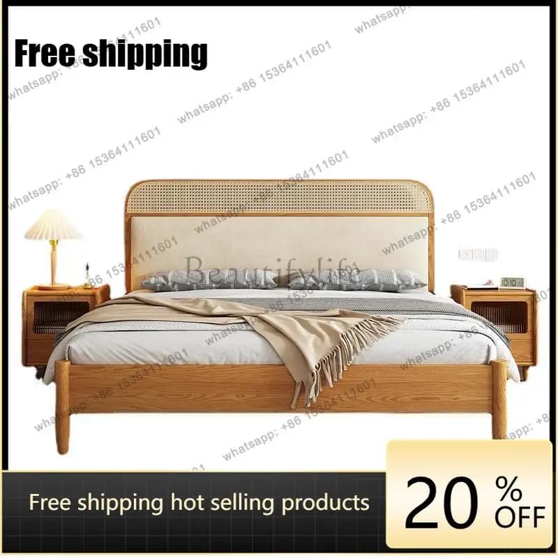LX Nordic rattan solid wood bed soft ash double bed Japanese wabi-sabi