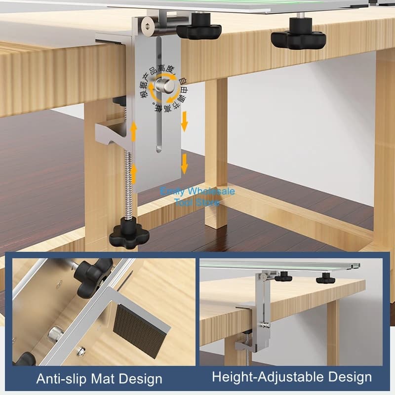 The adjustable track clamp is designed to fit a variety of tables and tracks