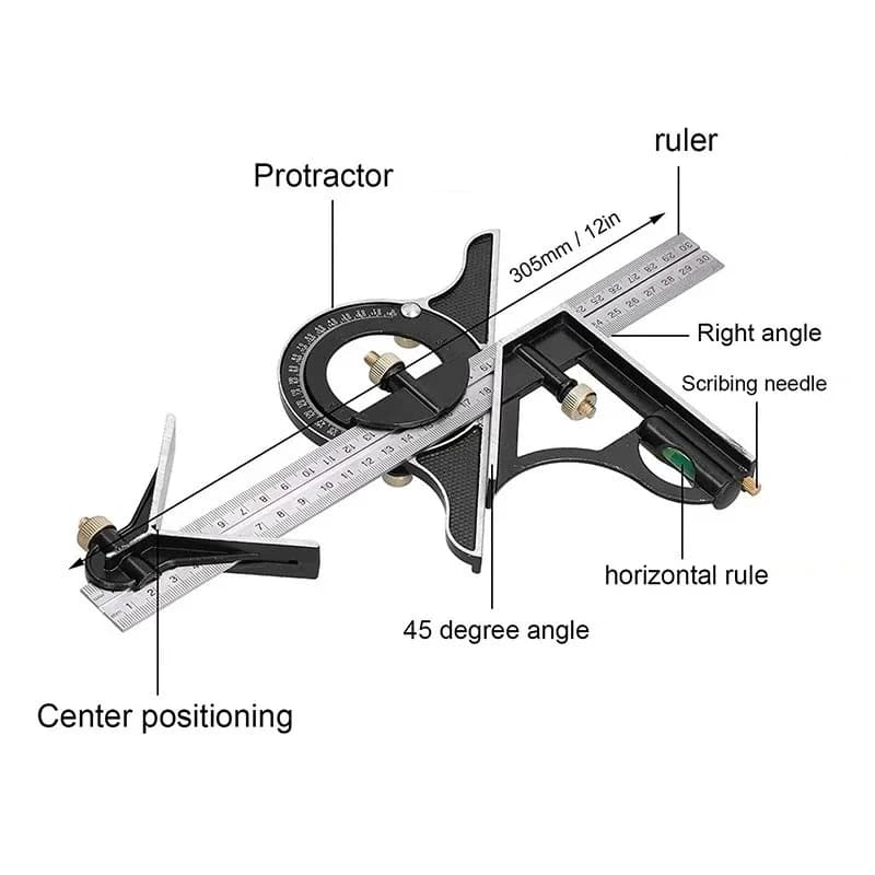 Woodworking 3 In 1 300mm Adjustable Measuring Ruler Multi Combination Square Angle Finder Protractor Tools