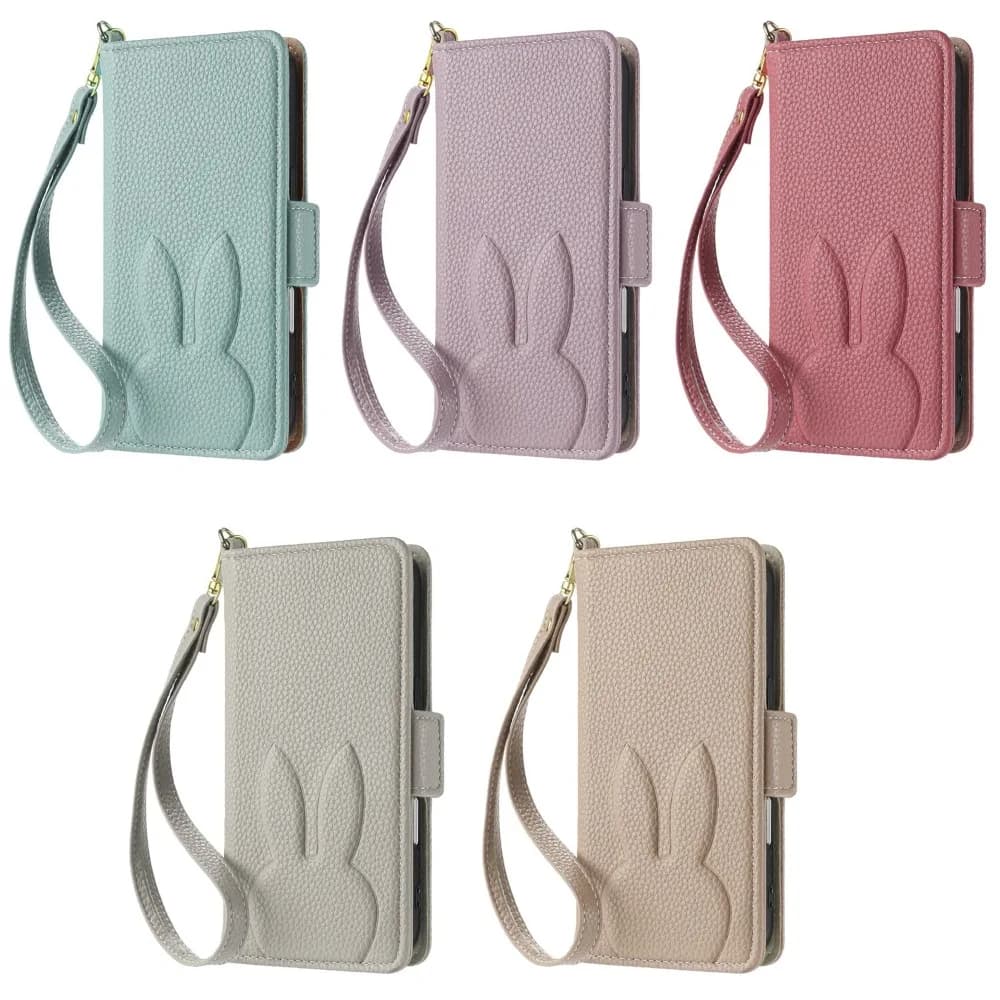 Solid Color Embossing Rabbit  Flip Phone Cover for iPhone Air 17 16 15 14 13 12 11 Pro Max 7 8Plus XS Max XR with Wrist Strap