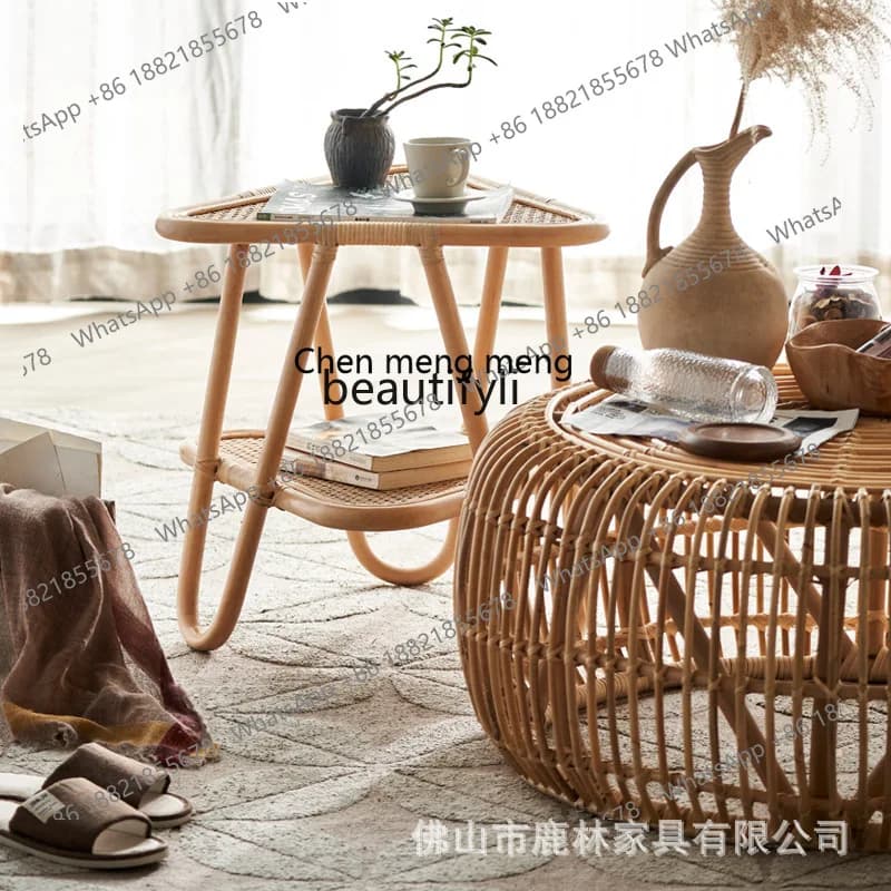 E153 Japanese Style Rattan Round Coffee Table Set Full Rattan Modern Living Room Home Small Apartment Side Table