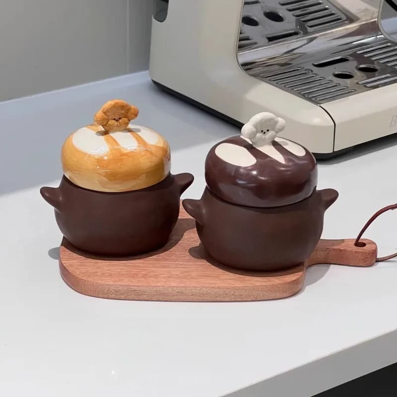 Cute Bread‑Dog Ceramic Stew Pot Double‑Ear Lid Design Home Soup Bird's Nest Stewing Small Cooking Bowl