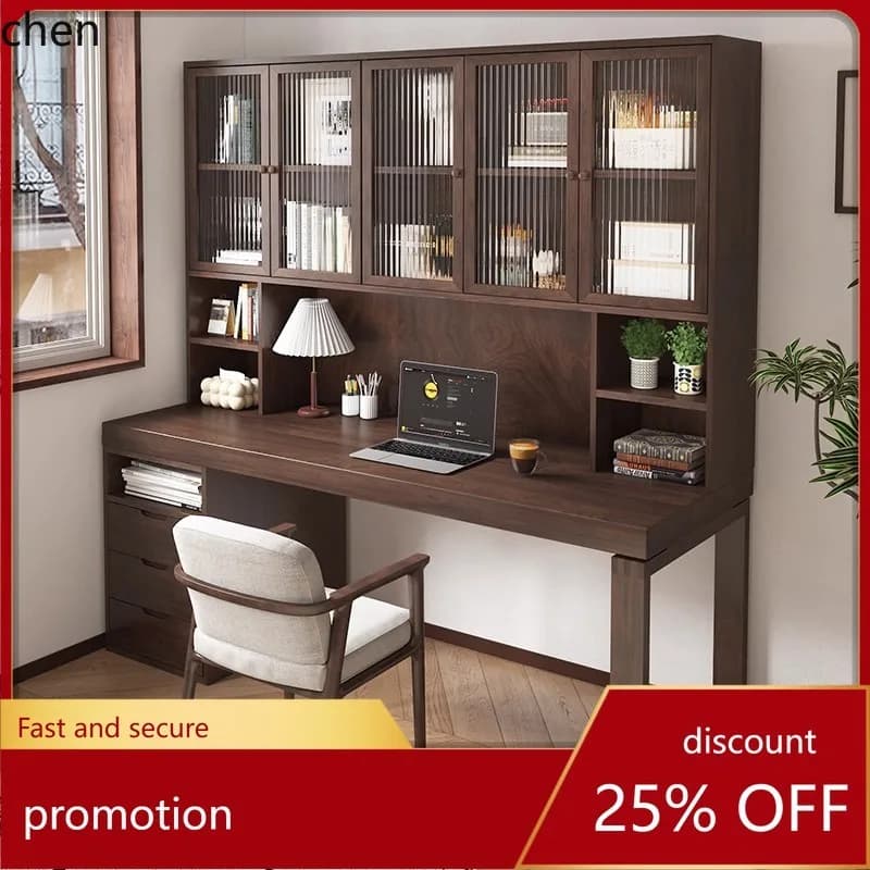 HT Solid Wood Desk and Bookshelf Integrated Wall-Mounted Workbench Writing Office Desk Study Computer Desk with Drawers
