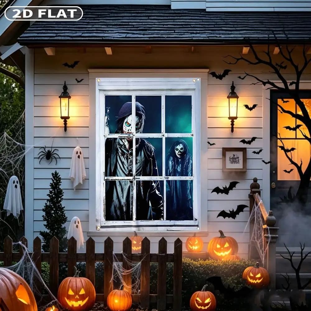 2D FLAT 1pc Party Banner, Halloween Window Cover with Scary Ghost Figures Behind Window Pane Print,122x88cm, Polyester