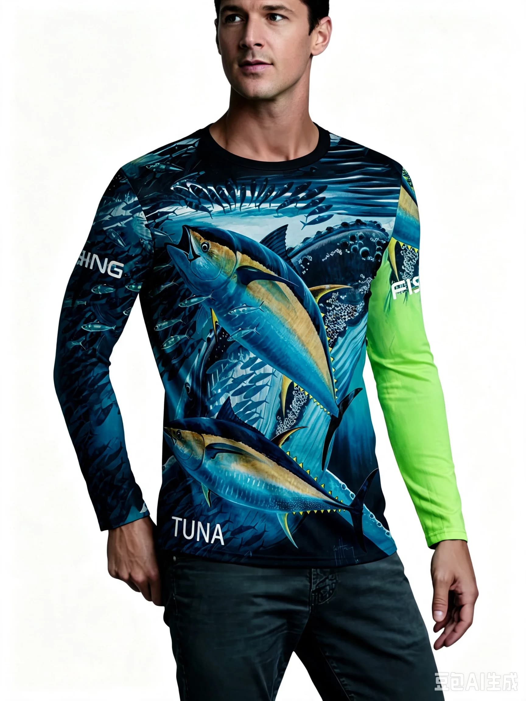 Men’s Tuna Fishing Graphic Long Sleeve T-Shirt Ocean Print Casual Outdoor Crew Neck Top Spring Autumn Thin Lightweight Pullover
