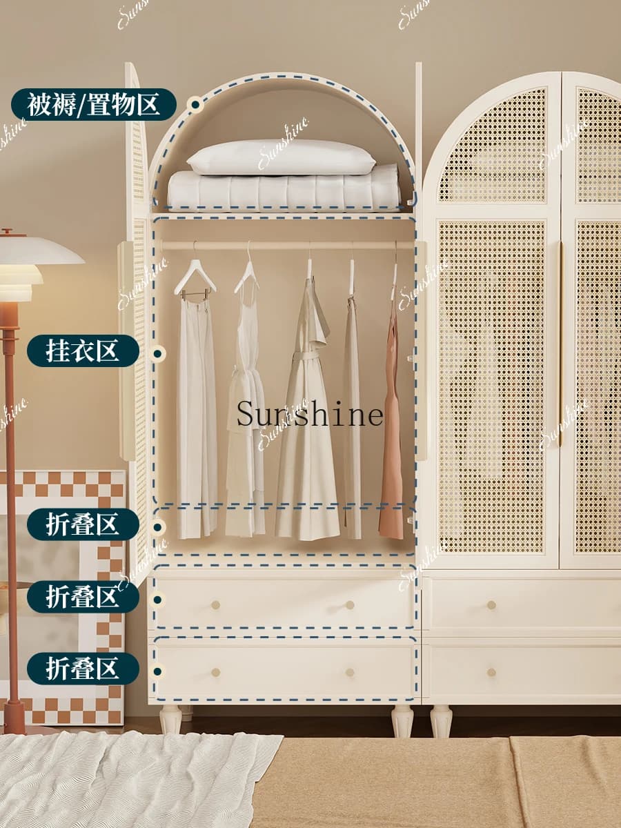 Nordic small apartment bedroom Japanese rattan double door combination wardrobe four doors hanging clothes  FT