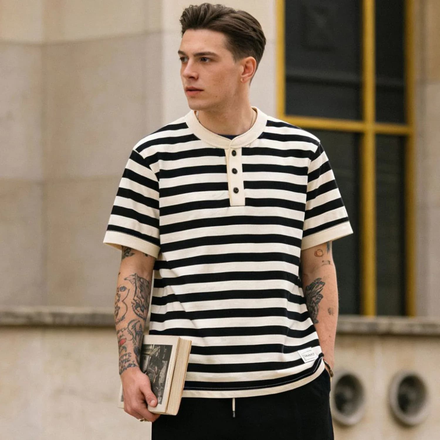 American Retro Amikaji 240g Heavy Duty Short Sleeve Striped Henley Neck T-shirt Sleeves Sea God Shirt Men's Casual Soft T-shirt