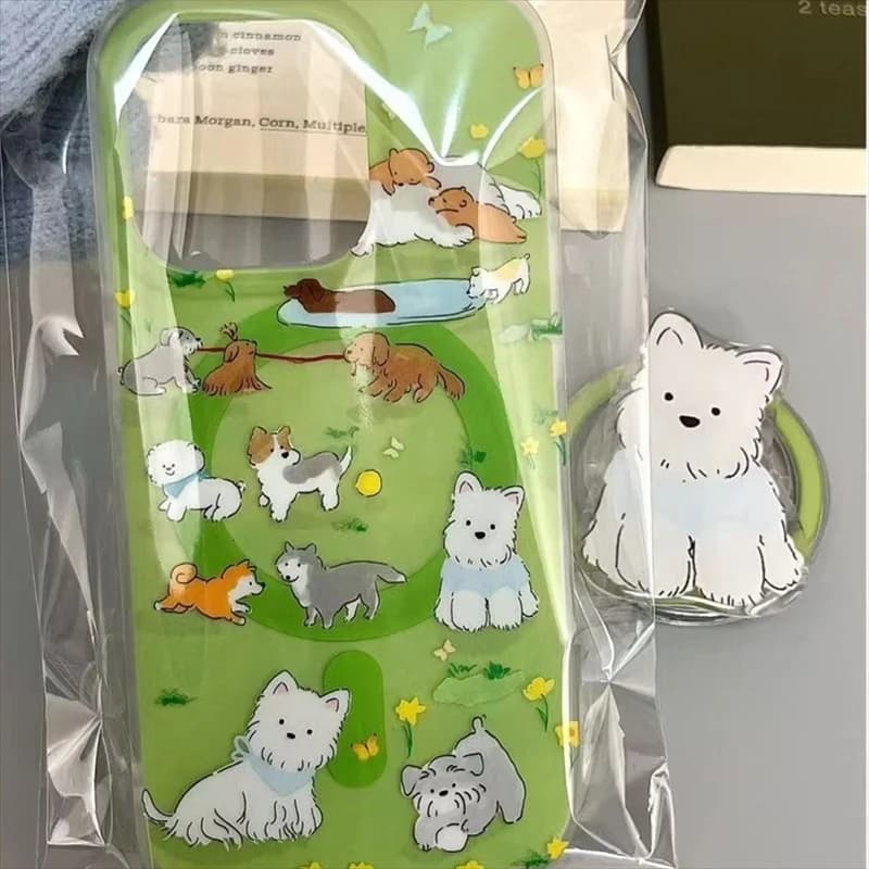 Magnetic IND Green Grassland Yellow Flower Dog Phone Case with White Dog Magnetic Bracket for iPhone 11 12 13 14 15 16 pro max