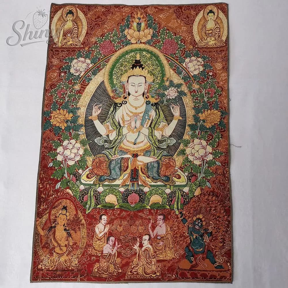 35.4″ Four-Armed Avalokiteshvara Bodhisattva Brocade Tibetan Tangka Embroidery Painting Gold Thread Embroidery Hanging Pictures