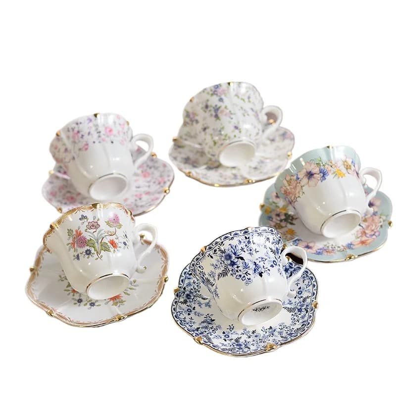 European floral printing ceramic espresso coffee cup British teacup set retro ceramic coffee cup saucer set