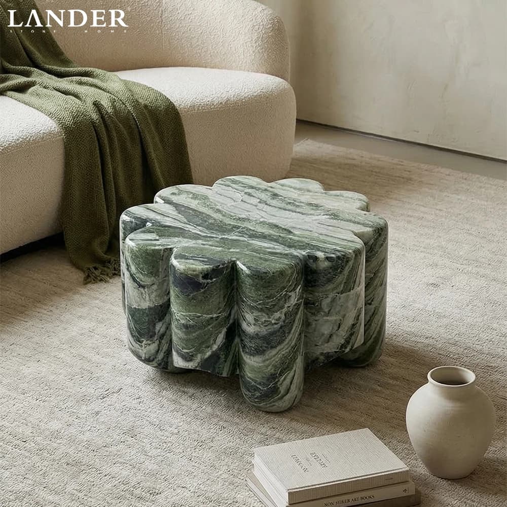 Landerstore Shangrila Green Marble Coffee Table Set Center Table Marble Coffee Table Wave Design for Livingroom