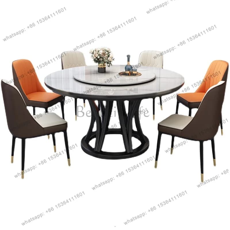 Light luxury marble dining table, simple modern rock slab with turntable for home use