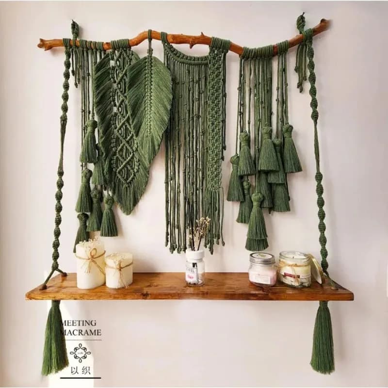 Bohemian Macrame Hanging Shelf Handmade Plant Hanger Rack Wall-Mounted Organizer Decorative Balcony Storage Display