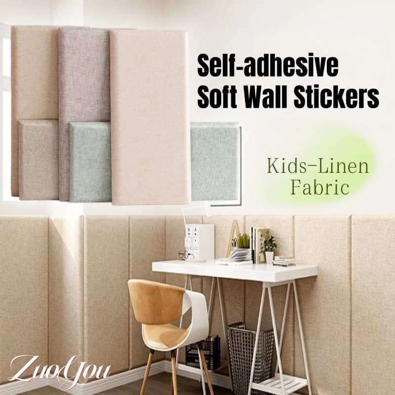 Linen 3D Upholstered Peel and Stick Wall Sticker Anti-Collision Self Adhesive Headboard for Kids Bedroom Decoration Easy Install