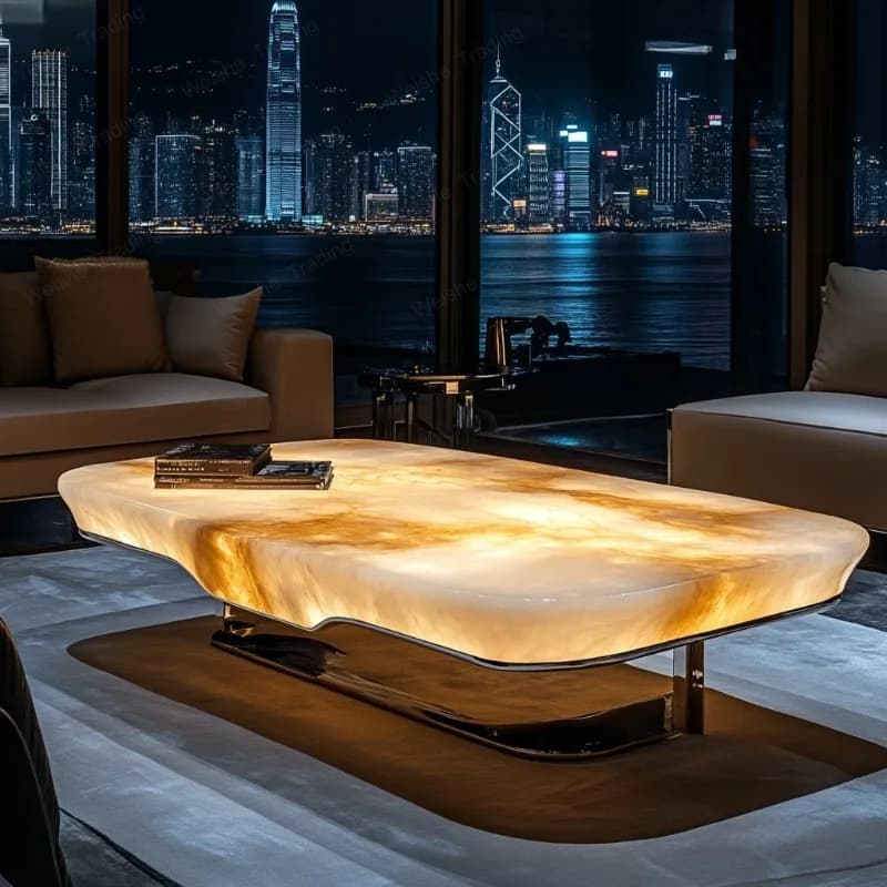 Italian atmospheric luxury stone coffee table living room, square, large flat floor luxury stone light luxury villa