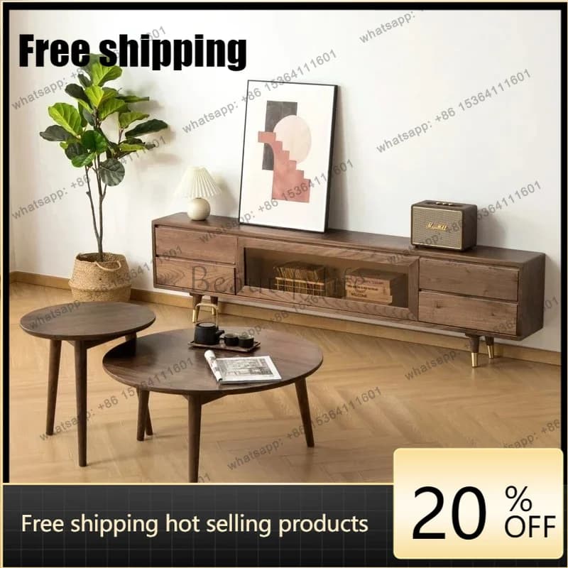XX  Solid Wood TV Cabinet Ultra-Thin Narrow Nordic Black Walnut Living Room Hollow Floor Cabinet Cherrywood