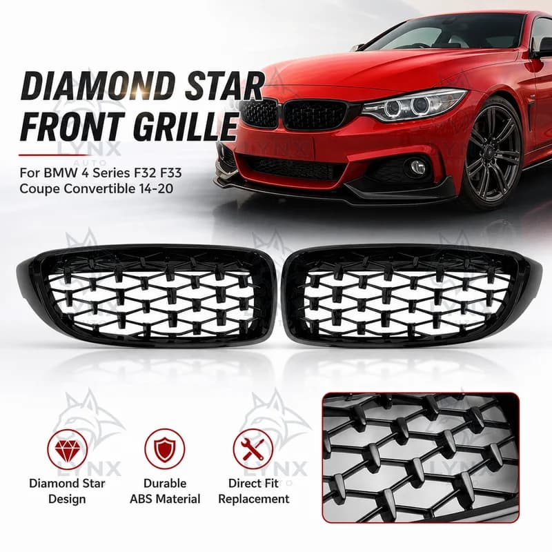 For BMW 4 Series F32 F33 Coupe Convertible 14-20 Gloss Black Diamond Star Front Grille Replacement Modified Mesh Grille