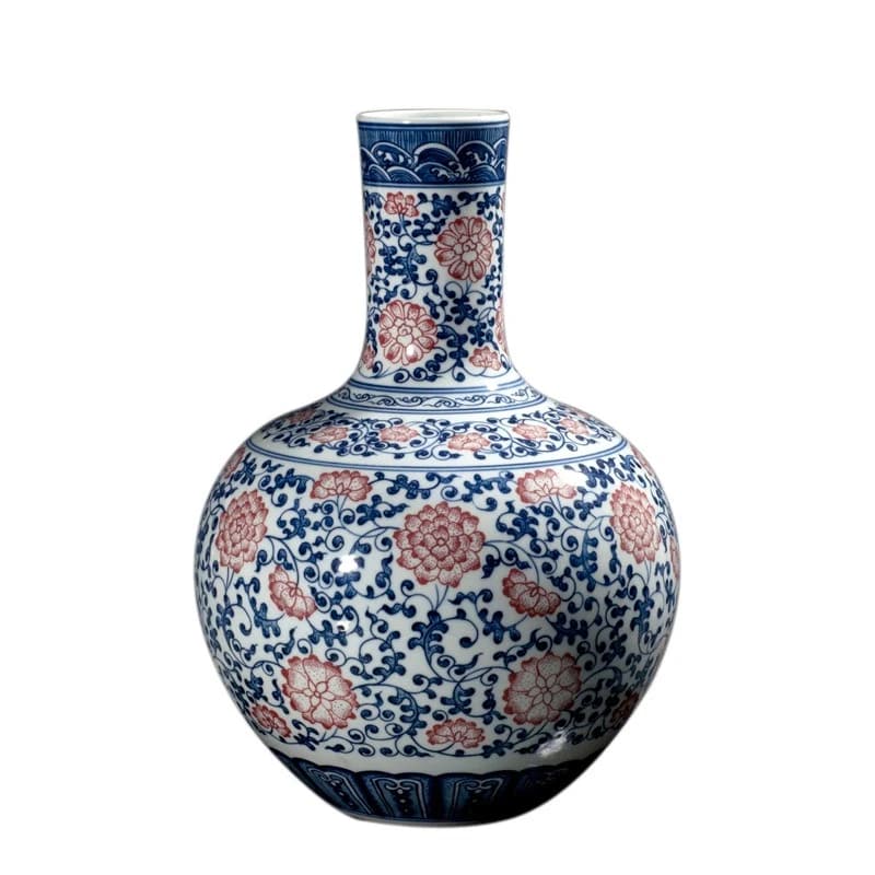 Jingdezhen ceramic vase pure handmade blue and white porcelain glaze red living room celestial antique handicraft ornament Zen