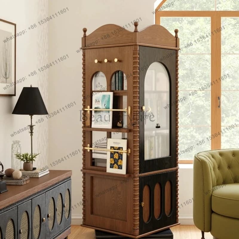 retro solid wood rotating storage cabinet with glass door corner magazine cabinet display vertical cabinet