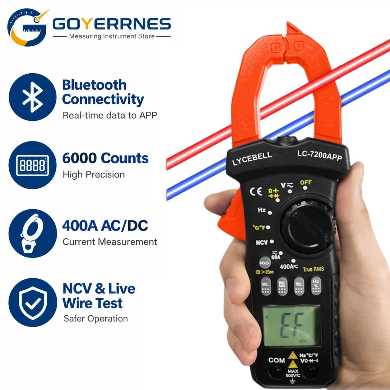 Clamp Meter Tester Multimeter 6000 Counts True RMS AC DC with Bluetooth APP NCV Alarm for HVAC Electrical Maintenance