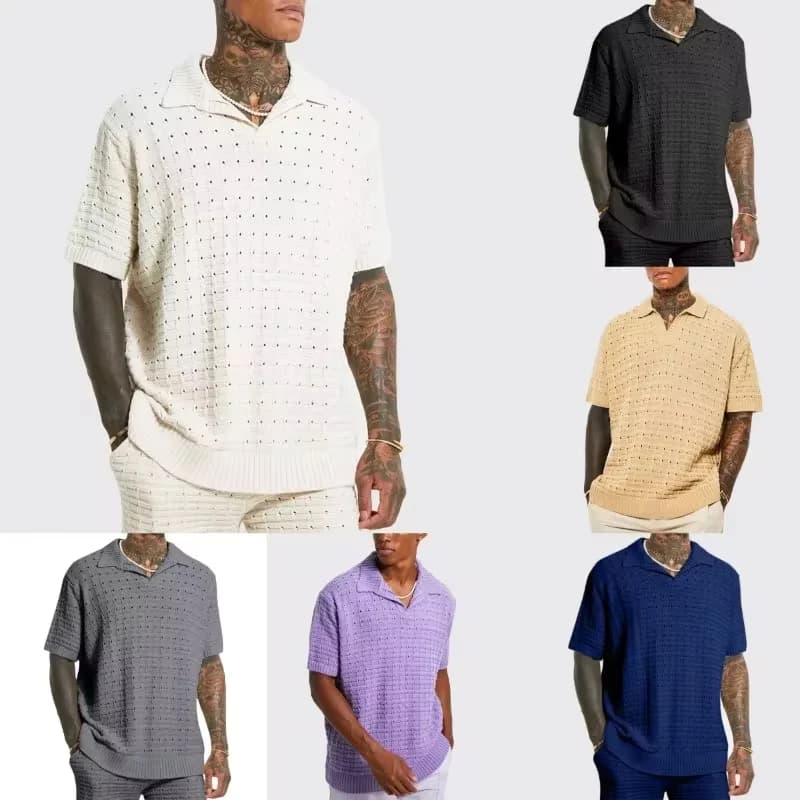 Stylish Mens Elastic Loose POLO Sweater Knitted Short Sleeved Casual T-shirt V-neck T-shirt for Men