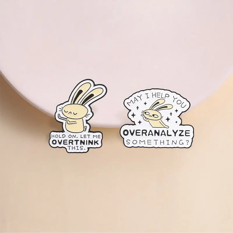 Creative Overthinking Rabbit Brooch Funny Text Pin Cartoon Casual Gift Badge DIY for Clothes Bags Shoes Hat Scarf T-shirt Jeans