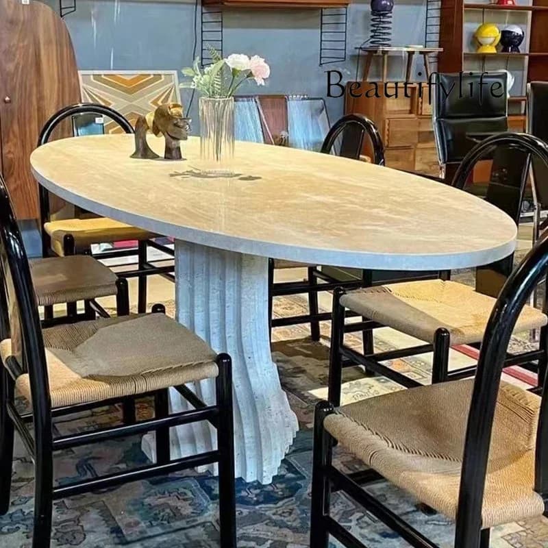 M Oval Italian Natural Marble Dining Table Designer Restaurant Model Room Villa Travertine Long Table