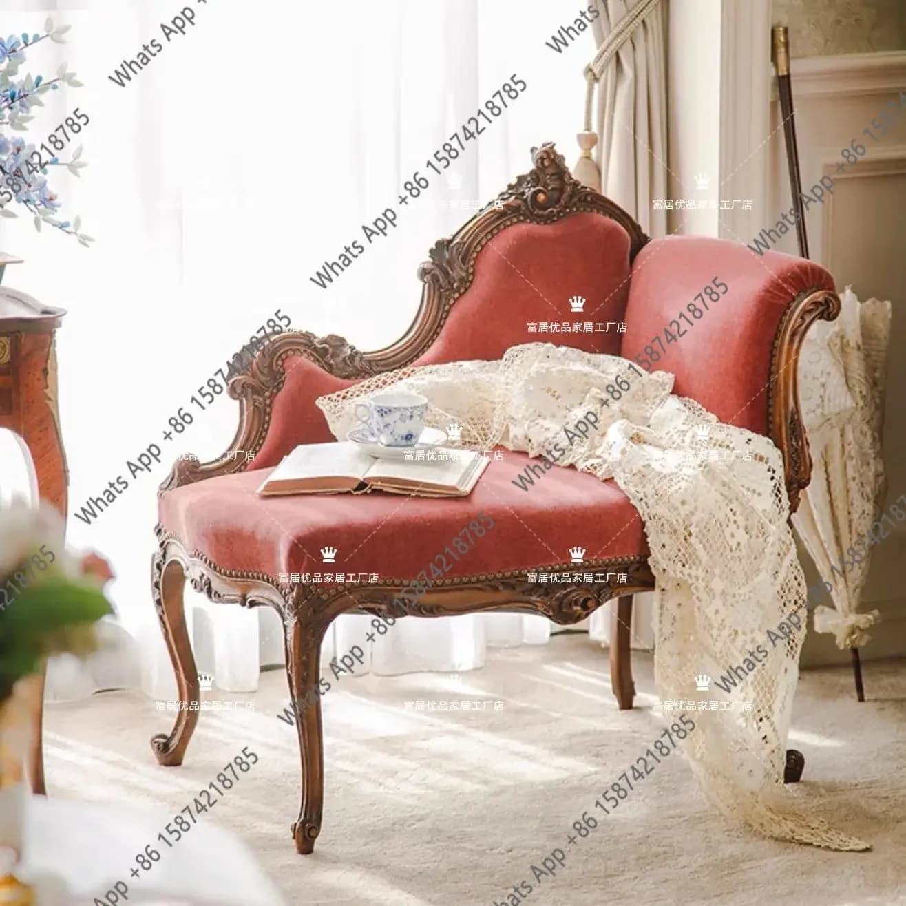 X65 French Retro Solid Wood Carving Flower Leisure Recliner Medieval Bedroom Flannel Sofa Designer Comfortable