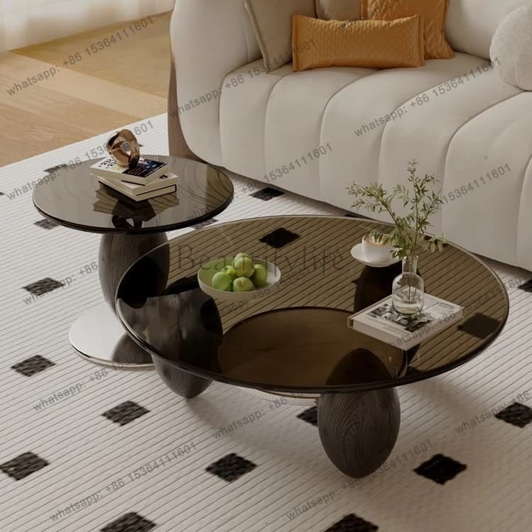Pure handmade light luxury furniture, glass round coffee table combination Italian simple household