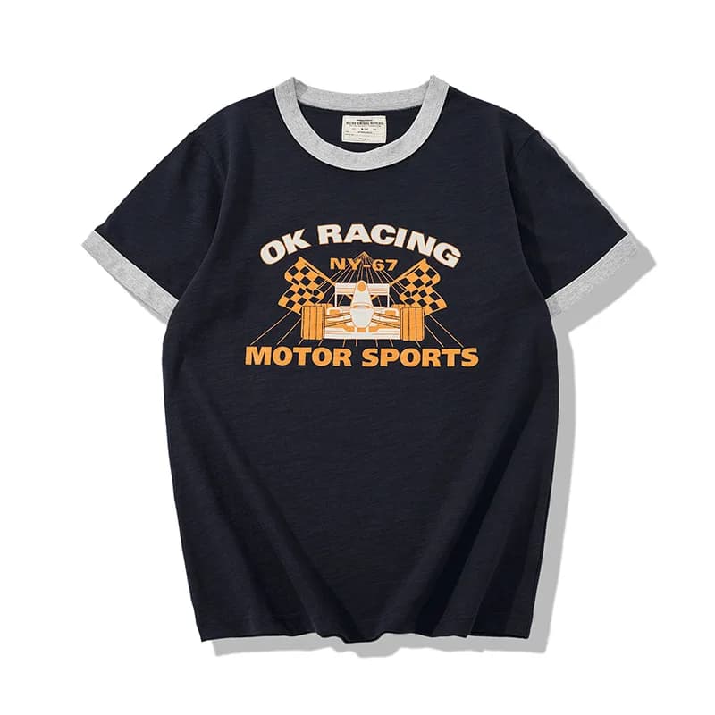 Summer New American Retro Workwear Shirt Short Sleeve 255g Old Bamboo Cotton Color Line Retro Racing Short Sleeve T-shirt